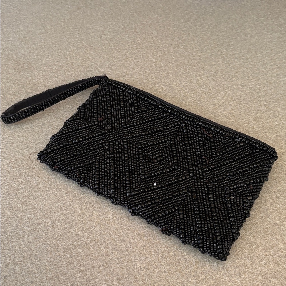 Unbranded Women’s Handbag Evening Black Beaded Clutch Zipper Close Wristlet
